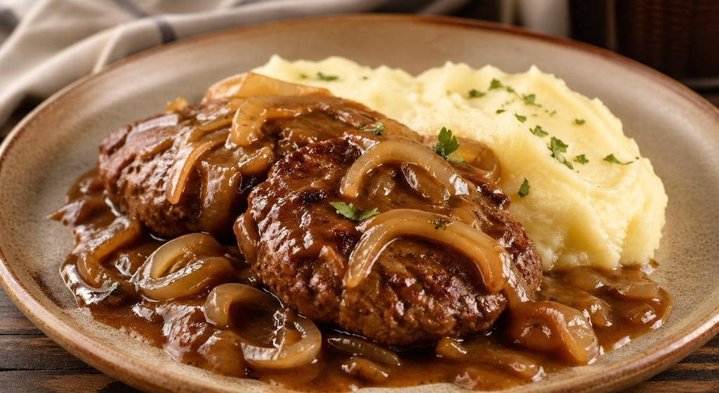 Zwei saftige Hamburger Hacksteaks in dunkler Zwiebelsoße mit cremigem Kartoffelpüree auf einem braunen Teller.