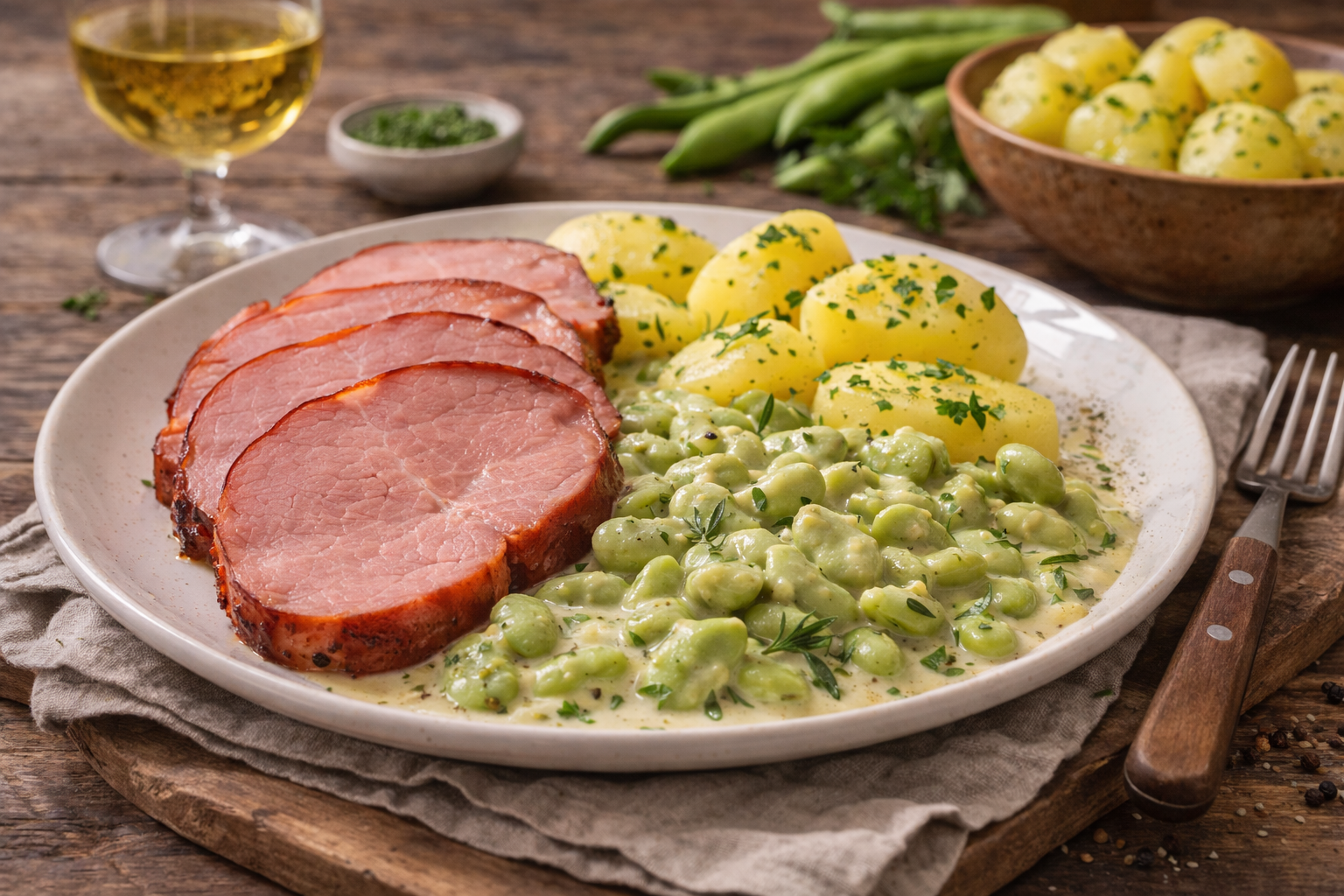 angerichteter Teller Judd mat Gaardebounen. Drei Scheiben zartrosa Räucherfleisch auf einem schlichten weißen Teller, darüber eine sämige helle Sahnesauce mit hellgrünen dicken Bohnenkernen und feinen Bohnenkrautblättchen. Daneben goldgelbe Salzkartoffeln. Natürliches Tageslicht von links, leichte Tiefenschärfe auf die vorderen Fleischscheiben. Heller Holztisch mit einem schlichten weißen Leinentuch.