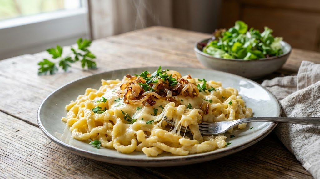 Dampfende Käsespätzle auf einem rustikalen Teller, überzogen mit geschmolzenem, fädenziehendem Käse, garniert mit goldbraun gerösteten Zwiebelringen und frischer gehackter Petersilie.