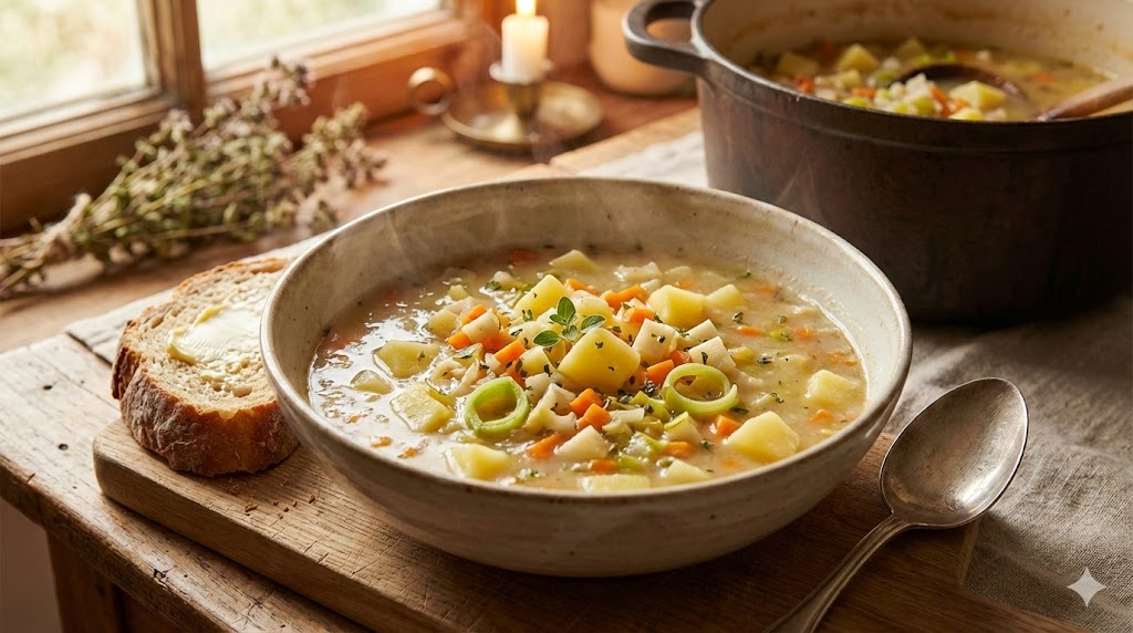 Dampfende Kartoffelsuppe mit Karotten und Lauch in einer rustikalen Schüssel, serviert mit Bauernbrot auf einem Holztisch in warmer Atmosphäre.