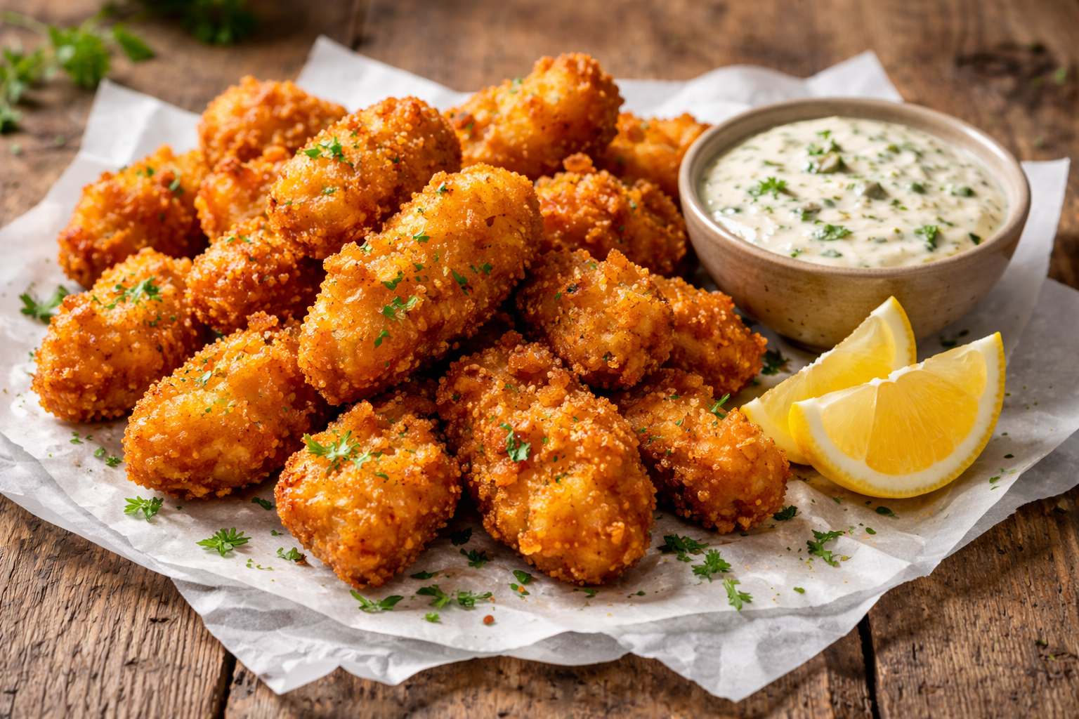 Goldbraun frittierte Kibbeling-Stücke liegen locker aufgehäuft auf weißem Packpapier auf einem rustikalen Holztisch. Die knusprigen Fischstücke sind unregelmäßig geformt und zeigen eine krosse Panade. Daneben steht ein kleines Schälchen mit cremiger Ravigotesauce, in der fein gehackte grüne Kräuter sichtbar sind. Zwei Zitronenspalten liegen daneben. Natürliches Licht von der Seite hebt die Struktur der Panade hervor, während der Hintergrund leicht unscharf bleibt.