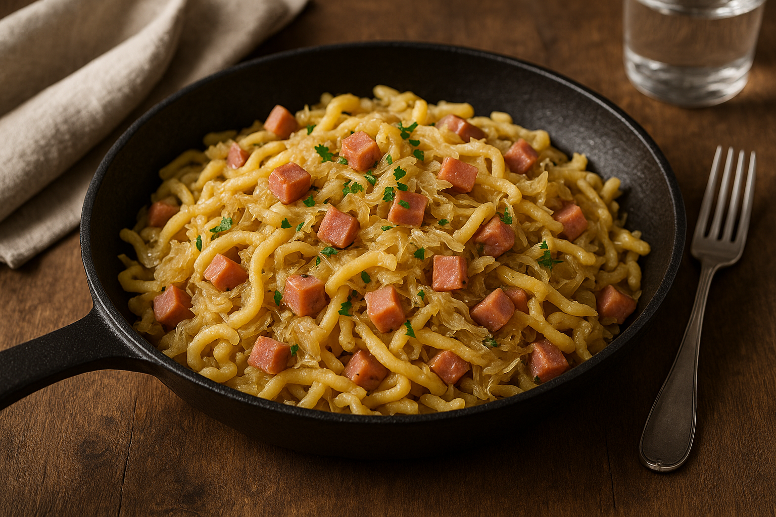 Krautspätzle mit Schinken in gusseiserner Pfanne, goldene Spätzle mit geschmortem Sauerkraut, zarte Schinkenwürfel, fein gehackte Petersilie, rustikaler Holztisch, natürliches Licht.