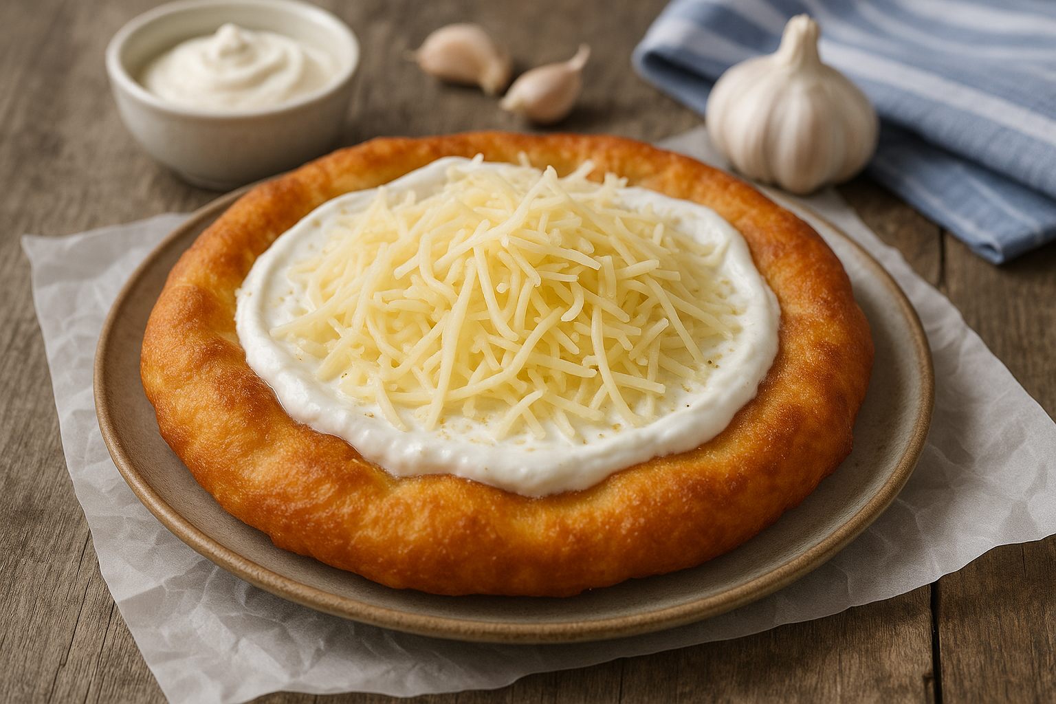Goldbraun ausgebackener Lángos auf Teller, mit Crème fraîche bestrichen und reichlich geriebenem Käse bestreut, daneben Knoblauch und Schälchen Dip als Deko.