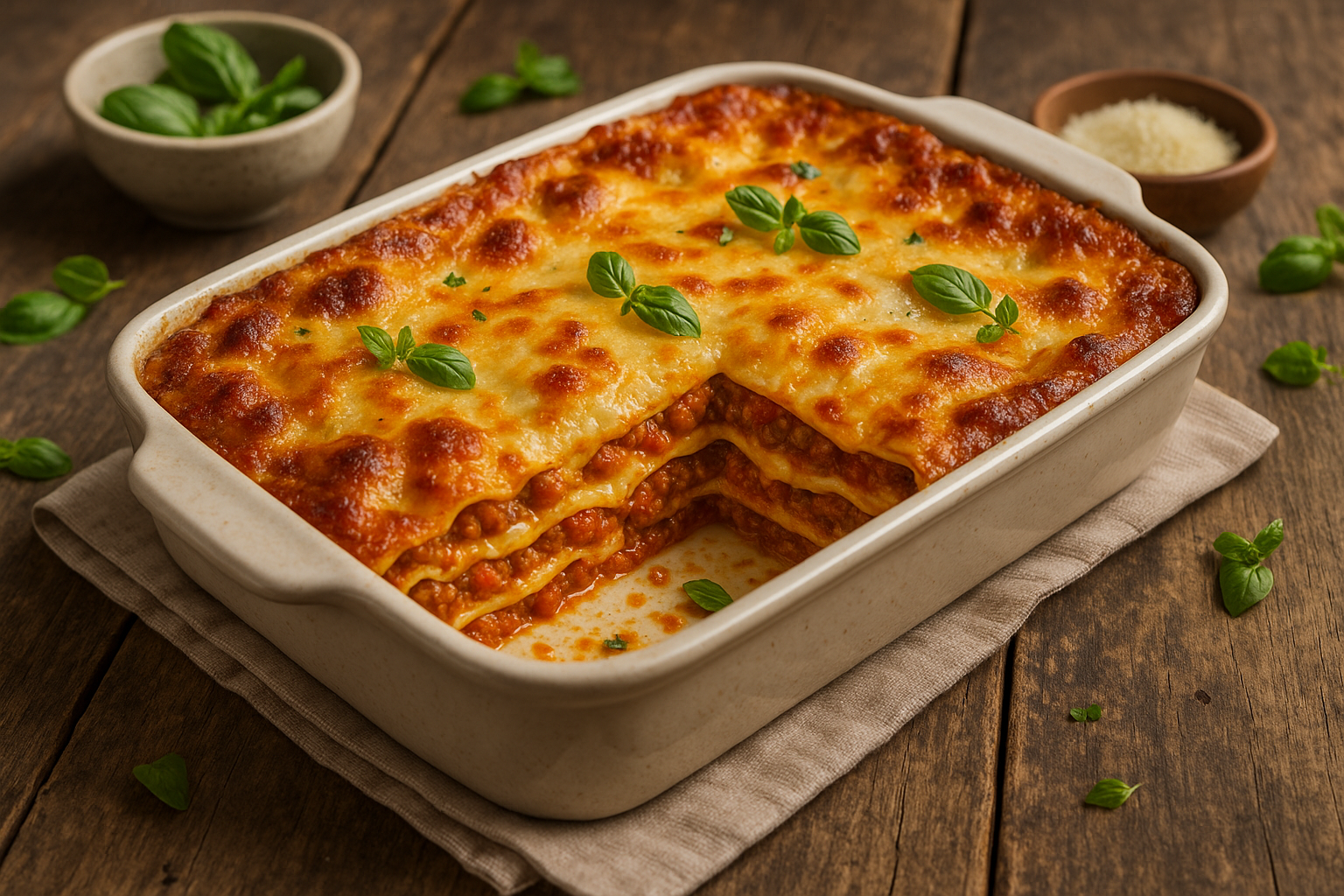 Klassische Lasagne in heller Auflaufform mit mehrschichtigen Pasta-, Fleischsaucen- und Béchamelschichten, goldbraun überbacken, mit frischem Basilikum auf rustikalem Holztisch.