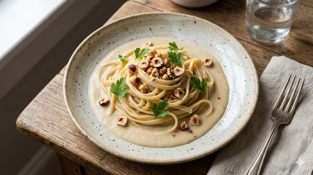 Teller mit Linguine in weißer Rahmsauce, vermengt mit stiftförmigen Schwarzwurzelstücken. Bestreut mit grob gehackten, gerösteten Haselnüssen und frischer Petersilie vor hellem Hintergrund.