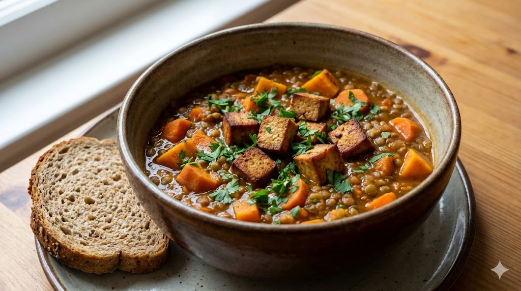 Rustikaler Teller mit veganem Linseneintopf, gefüllt mit Linsen, Karotten, Süßkartoffeln, Tofuwürfeln und Petersilie. Eine Scheibe Vollkornbrot liegt daneben auf einem Holztisch.