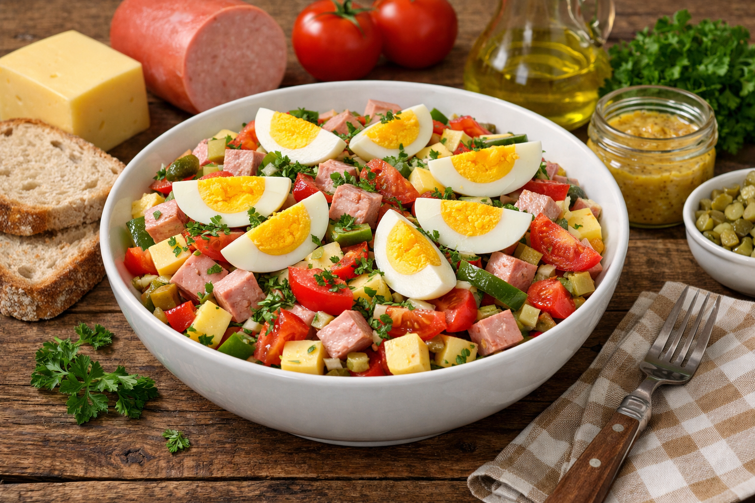Große weiße Schüssel mit herzhaftem Jagdwurstsalat auf einem rustikalen Holztisch. Zu sehen sind Würfel aus Jagdwurst und Schnittkäse, rote und grüne Paprikastreifen, Tomatenstücke, Gurkenwürfel und Zwiebeln in einer Senfmarinade. Oben liegen mehrere Achtel hart gekochter Eier und etwas gehackte Petersilie. Daneben stehen Bauernbrot, ein Stück Käse, ein Glas Senfdressing, eine kleine Schale Gewürzgurken und eine Flasche Öl. Natürliches Seitenlicht, warme Farben.