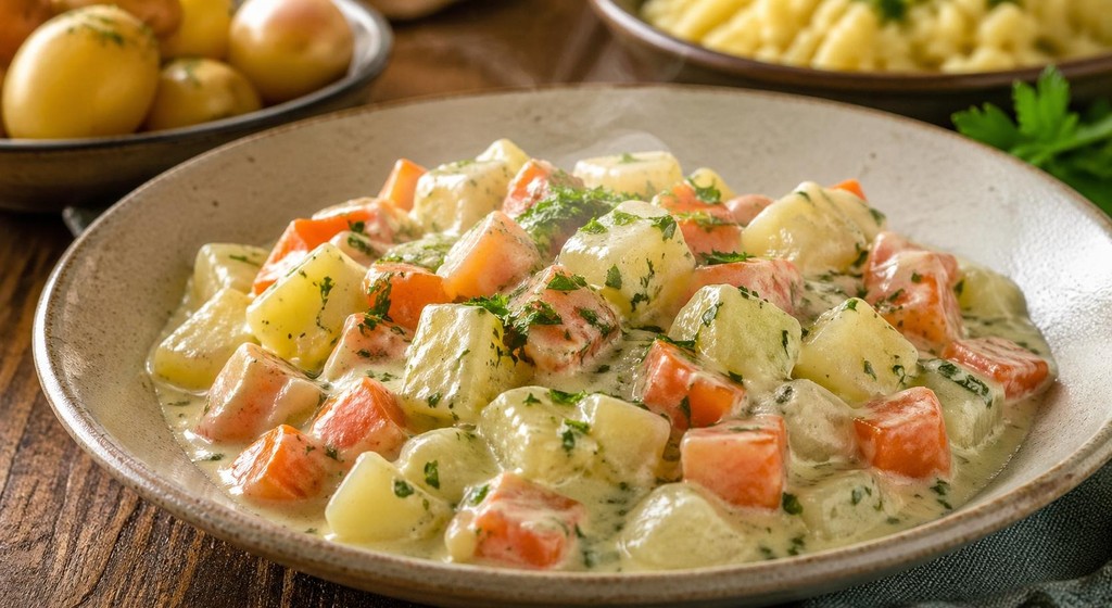 Cremiges Möhren-Kohlrabi-Sahne-Gemüse mit Kräutern in einer flachen Schale, im Hintergrund kleine Kartoffeln und Kartoffelpüree.