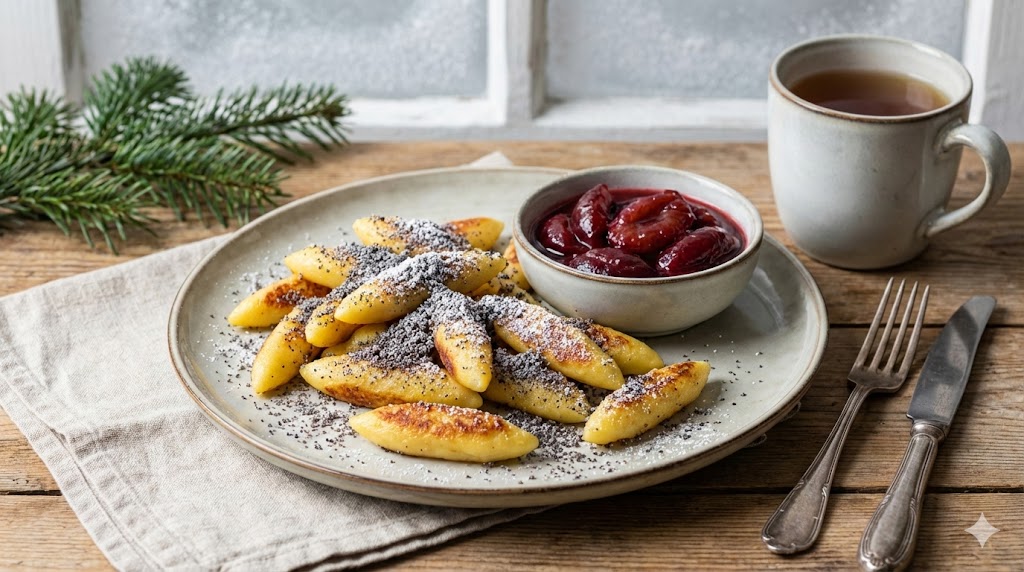 Goldbraun gebratene Schupfnudeln, dicht mit grauem Mohn und Puderzucker bedeckt, auf einem rustikalen Teller. Daneben dunkelrotes, stückiges Zwetschgenkompott. Winterliche Tischszene mit Zimtstangen und getrockneten Orangenscheiben.