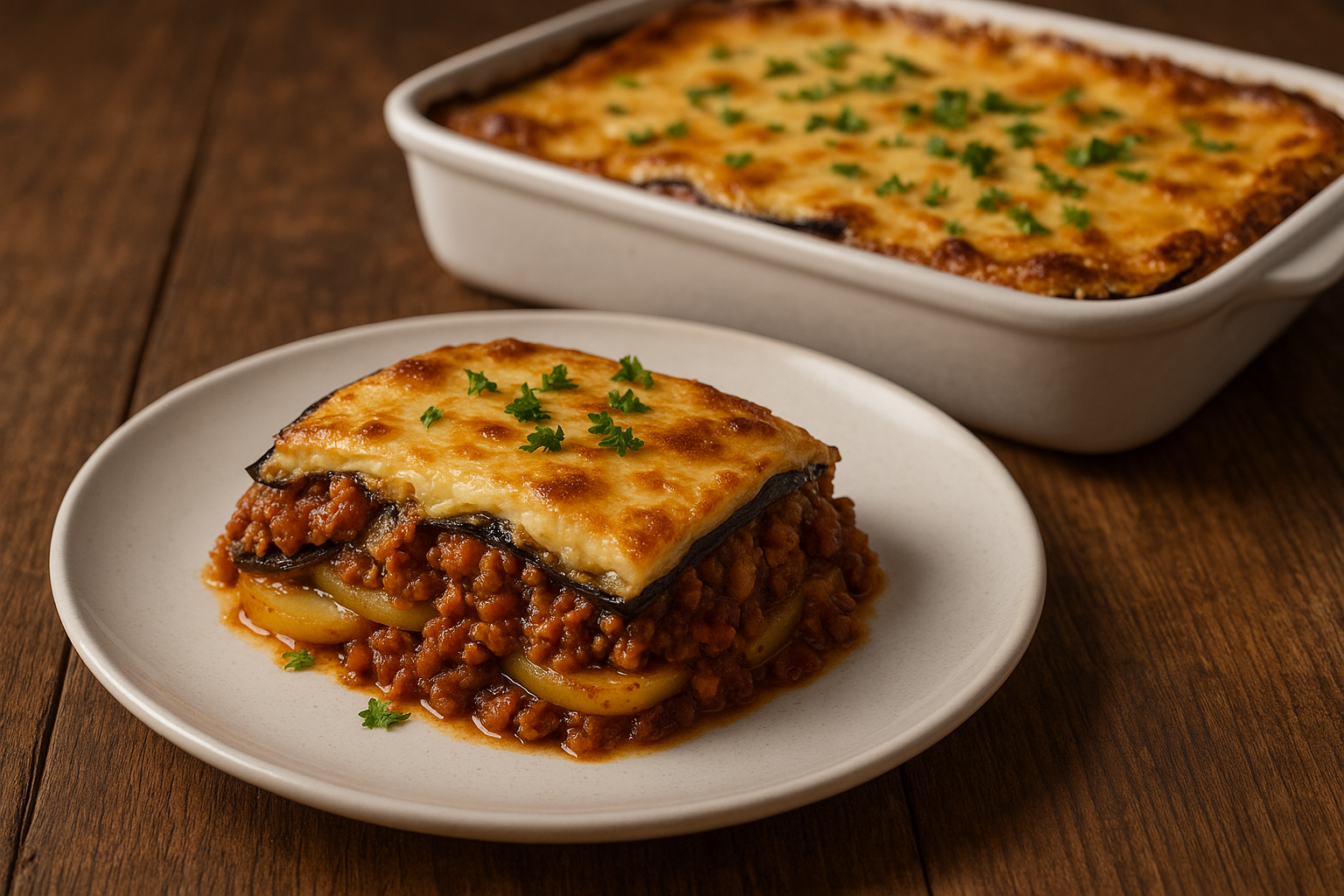 Moussaka-Stück auf Teller mit goldbrauner Béchamel, sichtbaren Lagen aus Aubergine, saftiger Lammhack-Tomatensauce und Kartoffeln, Petersilienstreu, im Hintergrund die Auflaufform auf Holztisch.