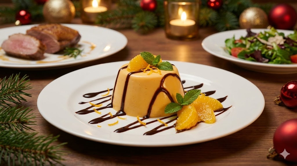 Eine gestürzte, cremig-weiße Orangen-Panna Cotta auf einem Dessertteller. Das Dessert ist kunstvoll mit dunkler Schokoladensauce beträufelt und mit frischen, leuchtend orangen Fruchtfilets garniert.