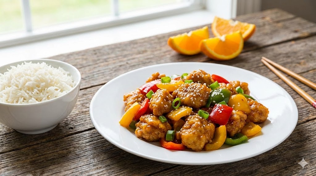 Goldbraun gebratene Hähnchenstücke in einer glänzenden Orangensauce mit roten und gelben Paprikastreifen sowie grünen Frühlingszwiebelringen auf einem weißen Teller. Bestreut mit weißem Sesam. Daneben eine Schale mit weißem Reis und aufgeschnittene Orangenstücke auf einem Holztisch vor einem Fenster.