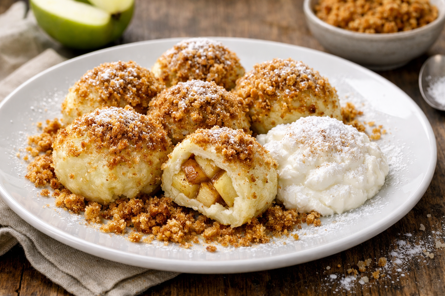 3 böhmische Apfelknödel auf einem schlichten hellen Steingutteller. Die runden Knödel sind großzügig mit goldbraunen Butterbröseln bestreut. Daneben ein Klecks weißer gezuckerter Quark. Feiner Puderzucker liegt wie ein Schleier über dem Teller. Ein halber Knödel ist aufgeschnitten und zeigt die saftige Apfelfüllung im Inneren. Natürliches Tageslicht von links, leichte Tiefenschärfe auf den aufgeschnittenen Knödel. Heller Holztisch mit einem schlichten weißen Leinentuch.