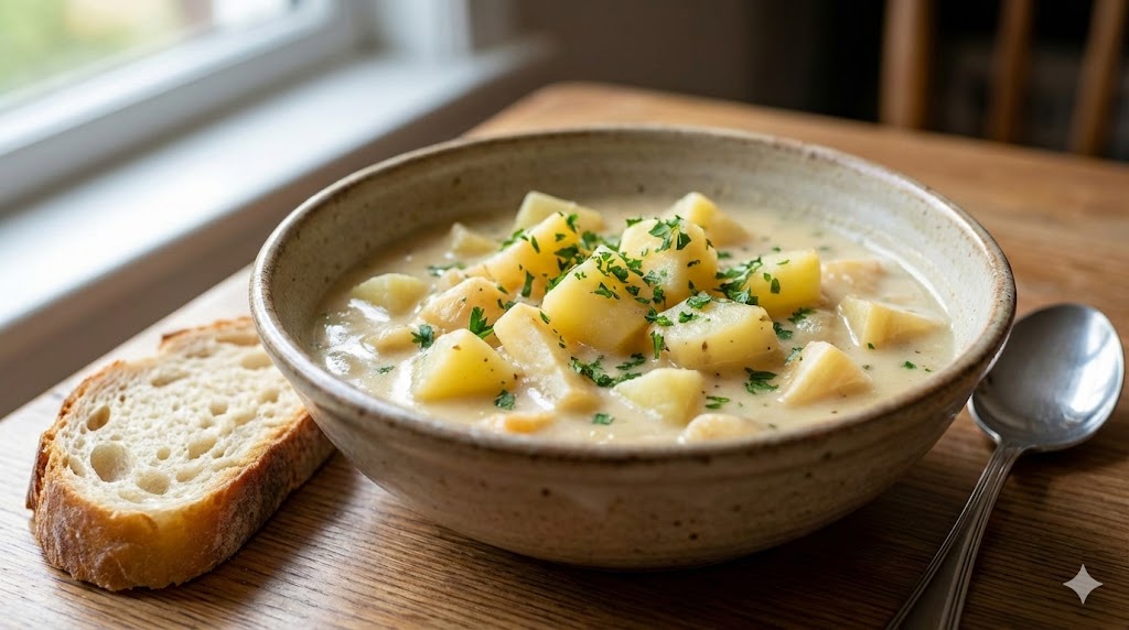 Cremiger Pastinakeneintopf mit hellen Kartoffel- und Pastinakenwürfeln in einer rustikalen Keramikschale. Das Gericht ist mit frisch gehackter Petersilie bestreut. Neben der Schale liegen eine Scheibe Bauernbrot und ein silberner Löffel auf einem Holztisch. Natürliches Tageslicht fällt von der Seite auf das herbstliche Arrangement.