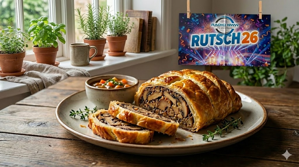 Fotorealistisches Food-Foto eines aufgeschnittenen Wellington-Pilzbratens in Blätterteigkruste auf einem rustikalen Keramikteller mit Sauce und Thymianzweigen. Der Braten liegt auf einem Holztisch, im Hintergrund befindet sich eine Fensterbank mit Kräutertöpfen, alten Büchern und einem Plakat mit der Aufschrift 'RADIO NWW RUTSCH26'.