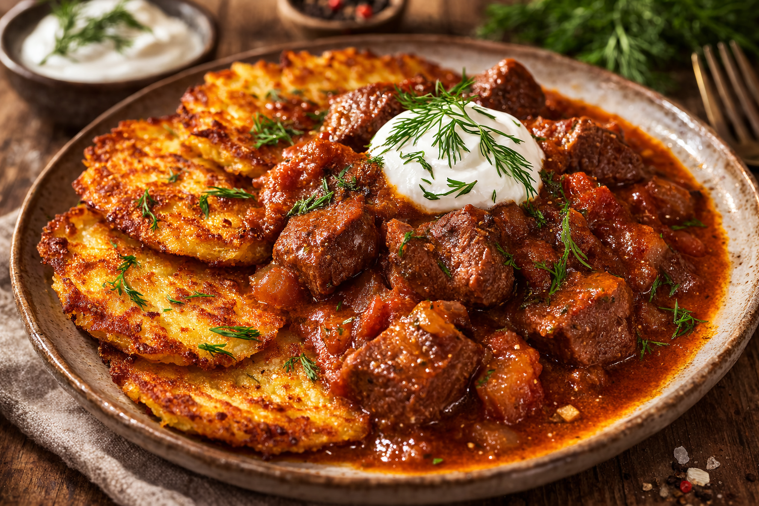 Mehrere knusprig gebratene Kartoffelpuffer liegen leicht überlappend auf einem Teller. Darüber wird ein dickes Rindergulasch mit zarten Fleischwürfeln in einer rötlich-braunen Sauce gegeben. In der Mitte ein Klecks saure Sahne, darauf frischer Dill.
