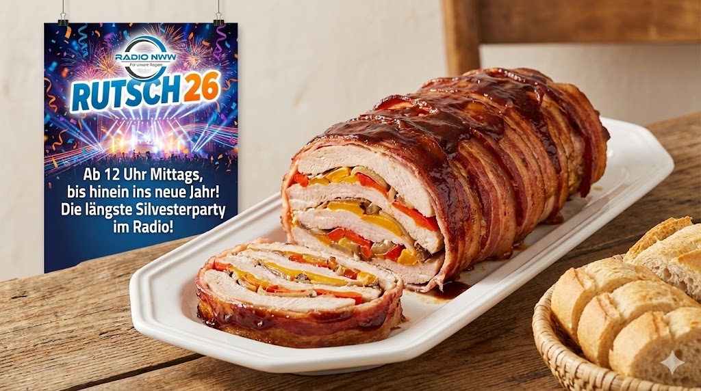 Angeschnittener, glasierter Putenschichtbraten im Baconmantel mit Paprika-Zwiebel-Füllung auf weißer Servierplatte. Daneben geschnittenes Baguette in einem Korb auf einem rustikalen Holztisch. Im Hintergrund hängt ein Poster der Radio NWW Silvesterparty "Rutsch26".