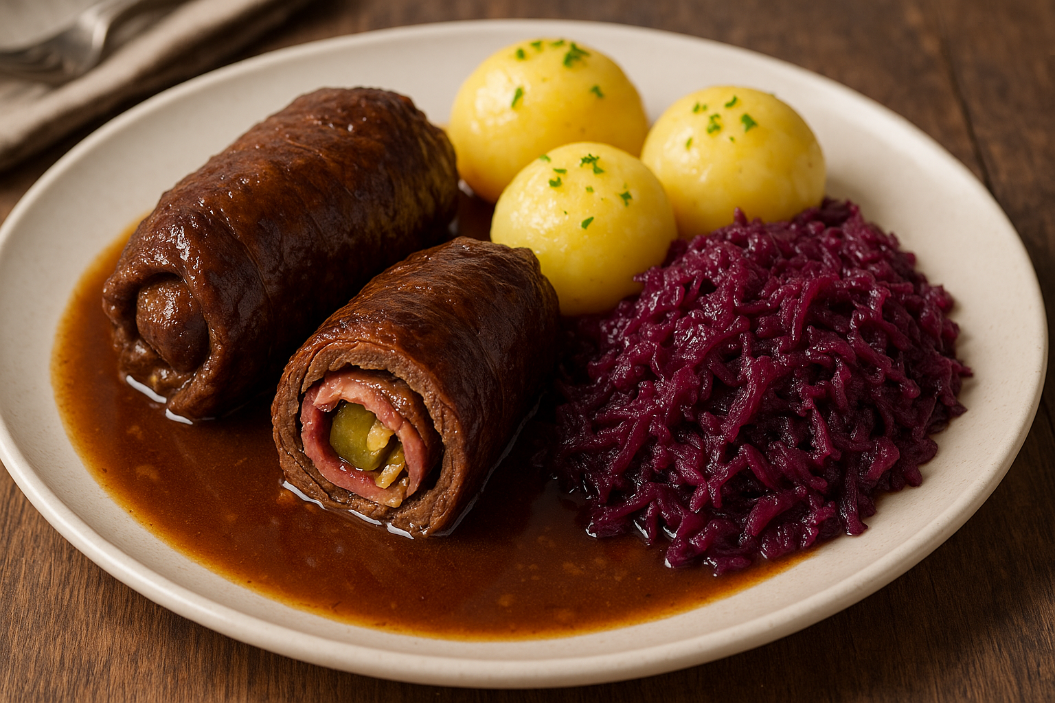 Rinderrouladen mit Sauce auf einem Teller, dazu Apfel-Rotkohl und Kartoffeln.