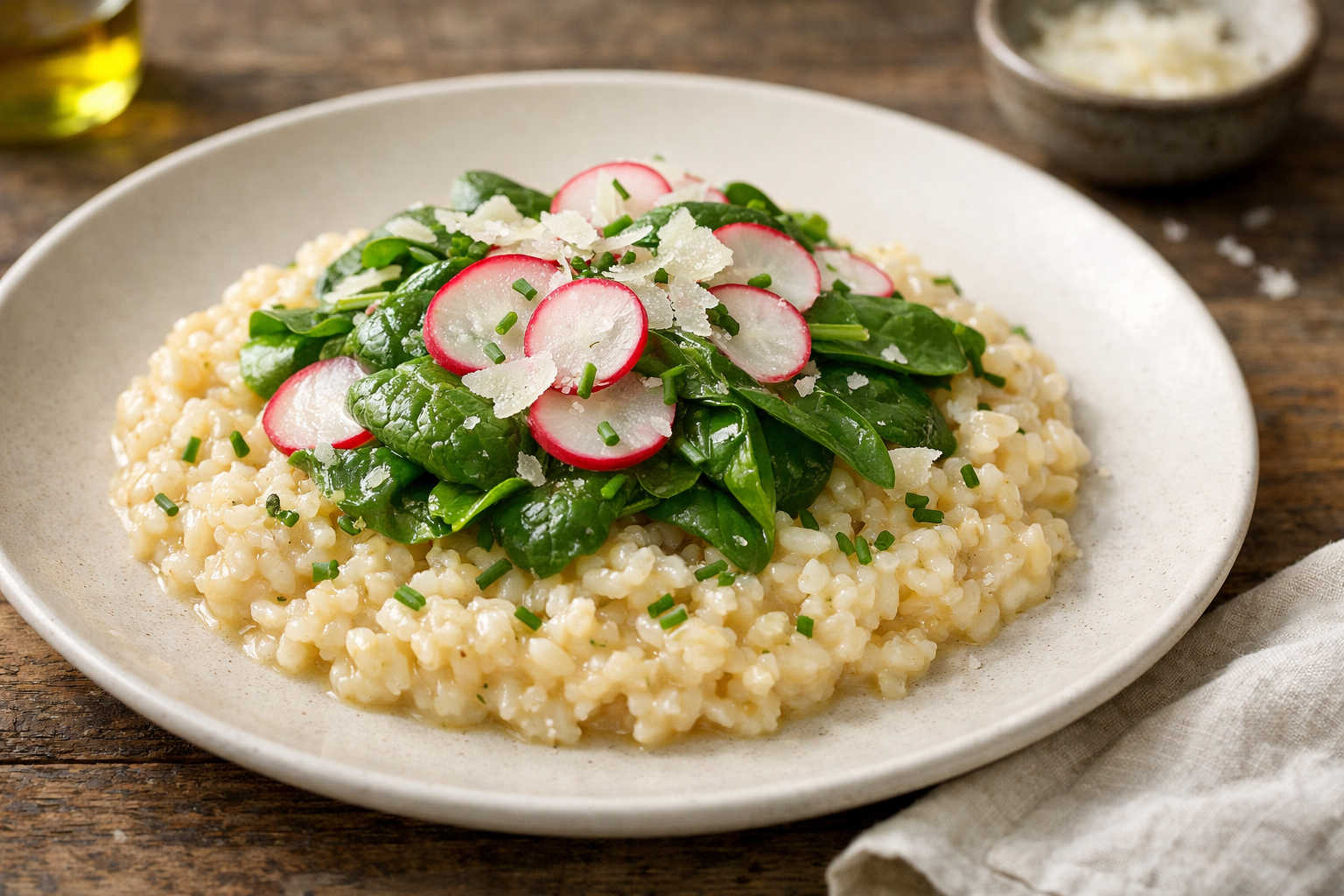 Cremiges Frühlings-Risotto mit jungem Blattspinat, dünn geschnittenen Radieschen und Schnittlauchröllchen auf einem hellen Teller. Dezente Parmesan-Späne auf der Oberfläche, angerichtet auf einem rustikalen Holztisch.
