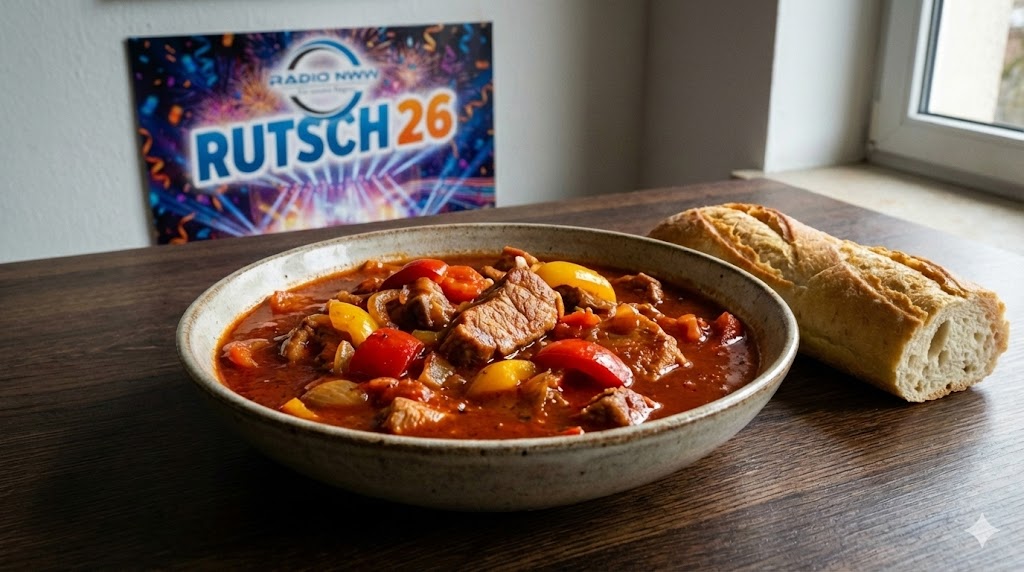 Ein Schaschliktopf mit Fleisch, Paprika und Zwiebeln in einer rustikalen Schale auf einem Holztisch. Rechts daneben ein Baguette. Im Hintergrund ein Fenster und ein Plakat der Sendung Rutsch26 Silvesterparty.