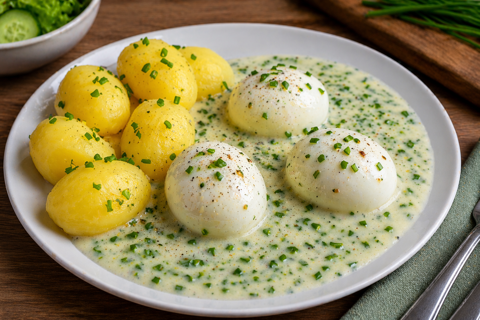 Weißer Teller mit ganzen Eiern in heller Schnittlauchsoße und geschälten Kartoffeln, mit Schnittlauchringen bestreut; im Hintergrund stehen eine Salatschüssel und ein Holzbrett.