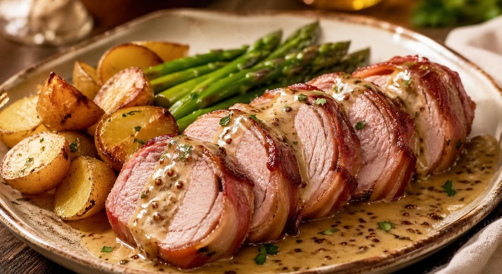 In Scheiben geschnittenes Schweinefilet im Speckmantel mit cremiger Senf-Weißwein-Sauce, Kartoffeln und grünem Spargel auf einer Platte.