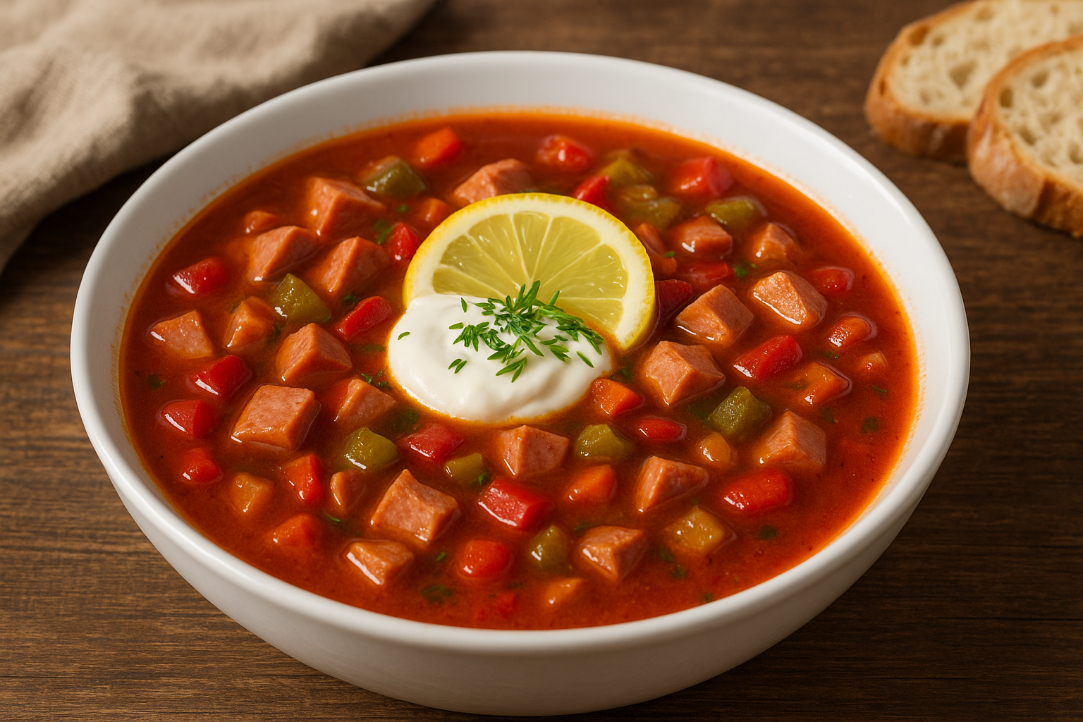 Tiefe Schüssel mit roter Soljanka, dicht gefüllt mit Wurst-, Paprika- und Gurkenwürfeln in Tomatenbrühe, mittig ein Klecks saure Sahne mit Zitronenscheibe und Kräutern, daneben Brotscheiben.