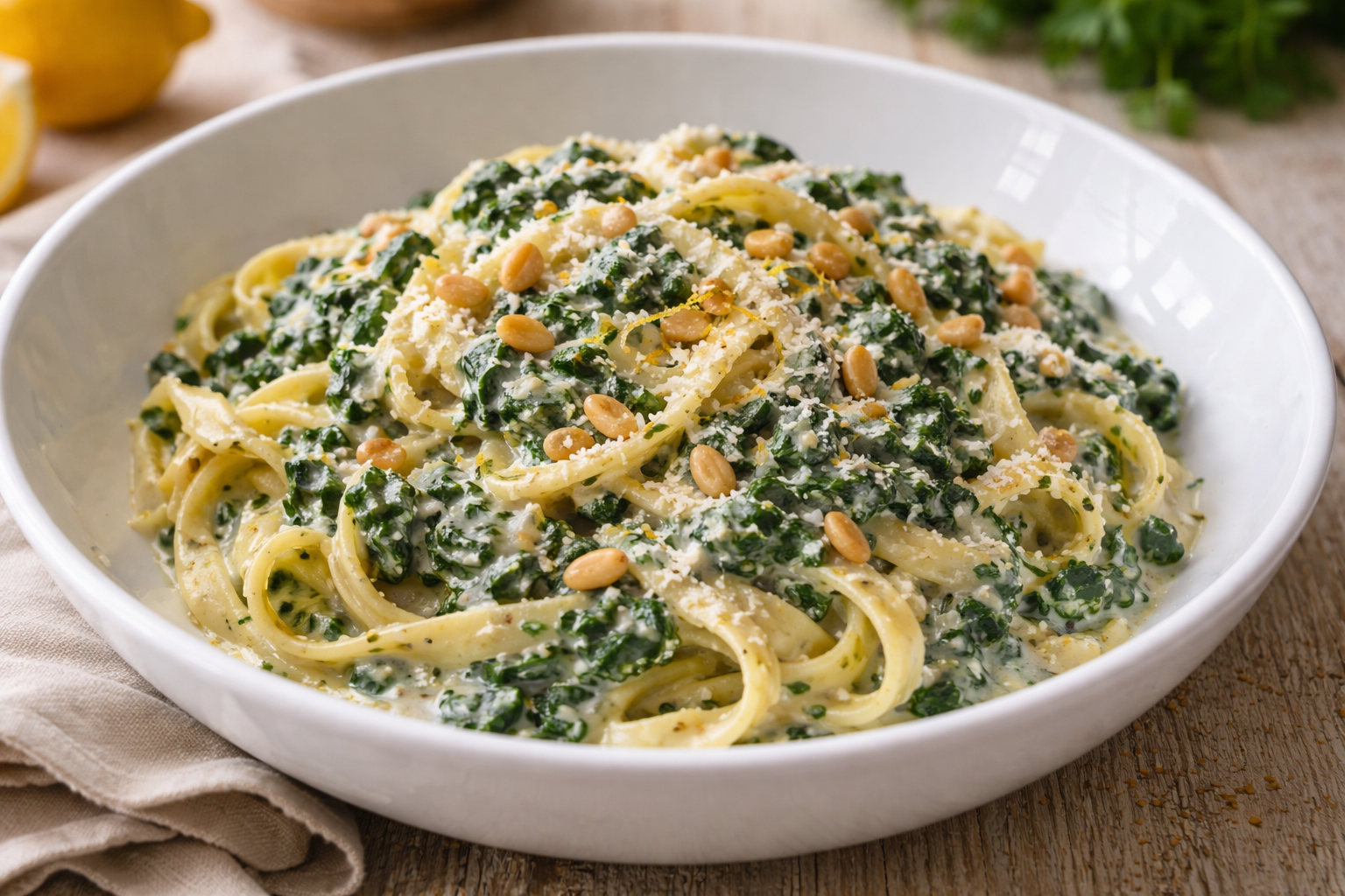 Cremige Spinatpasta mit Ricotta auf einem weißen tiefen Teller, bestreut mit gerösteten Pinienkernen und frisch gehobeltem Parmesan, dekoriert mit Zitronenzeste auf einem hellen Holztisch.