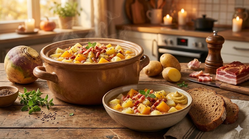 Dampfender Steckrübeneintopf mit gelben Rübenstücken, Kartoffelwürfeln und Speck in einer rustikalen Tonschale. Der Eintopf steht auf einem dunklen Holztisch neben einem Löffel und etwas frischem Brot.