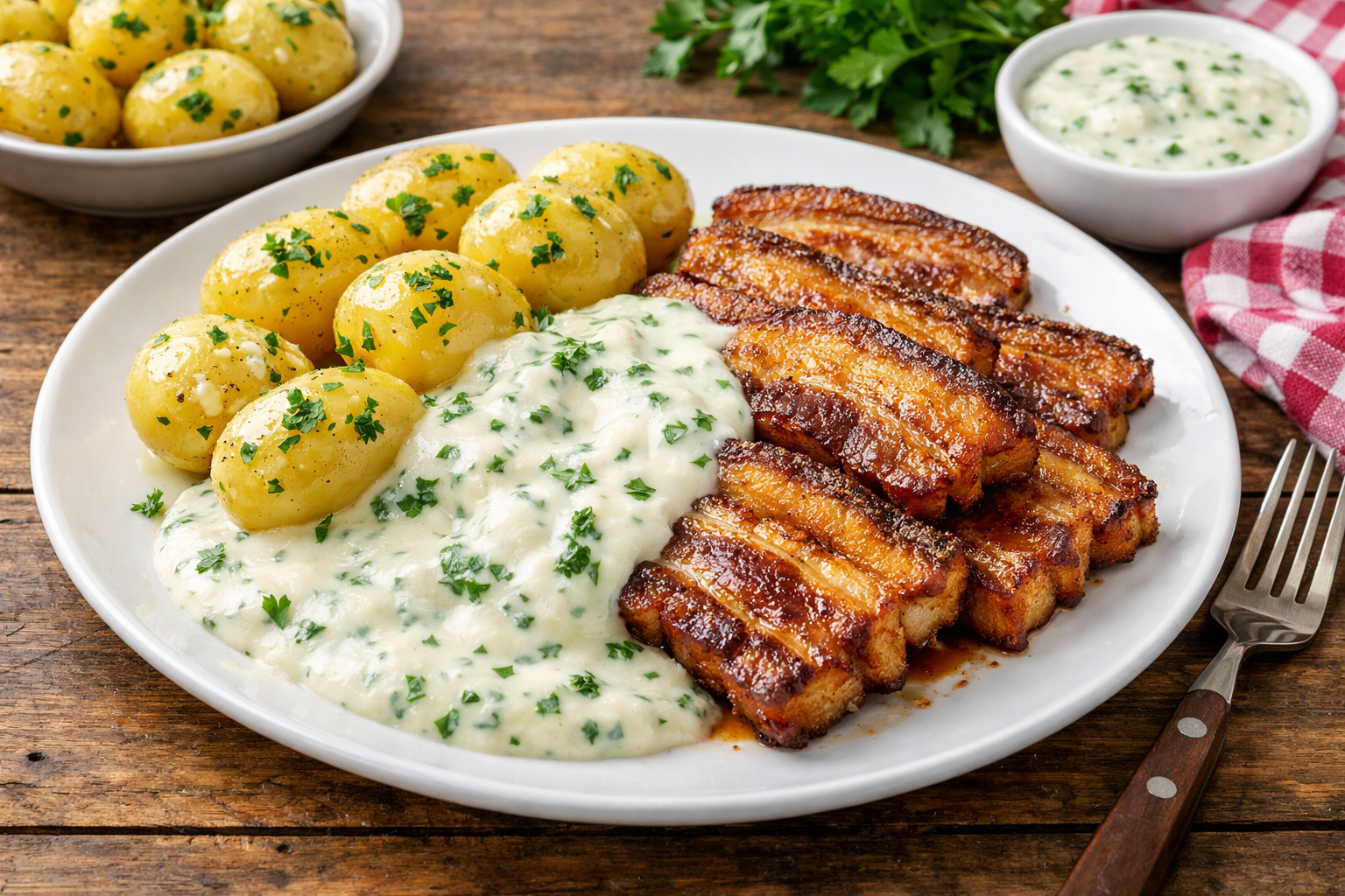 kross gebratener Schweinebauch auf einem schlichten weißen Teller. Die goldbraunen Scheiben sind leicht überlappt angerichtet, daneben kleine ungeschälte Drillinge. Sämige Petersiliensauce mit sichtbaren grünen Kräuterpunkten ist großzügig über Fleisch und Kartoffeln gegossen. Natürliches Tageslicht von links, leichte Tiefenschärfe auf die vorderen Scheiben. Schlichter heller Holztisch mit einem blauweißen Leinentuch.