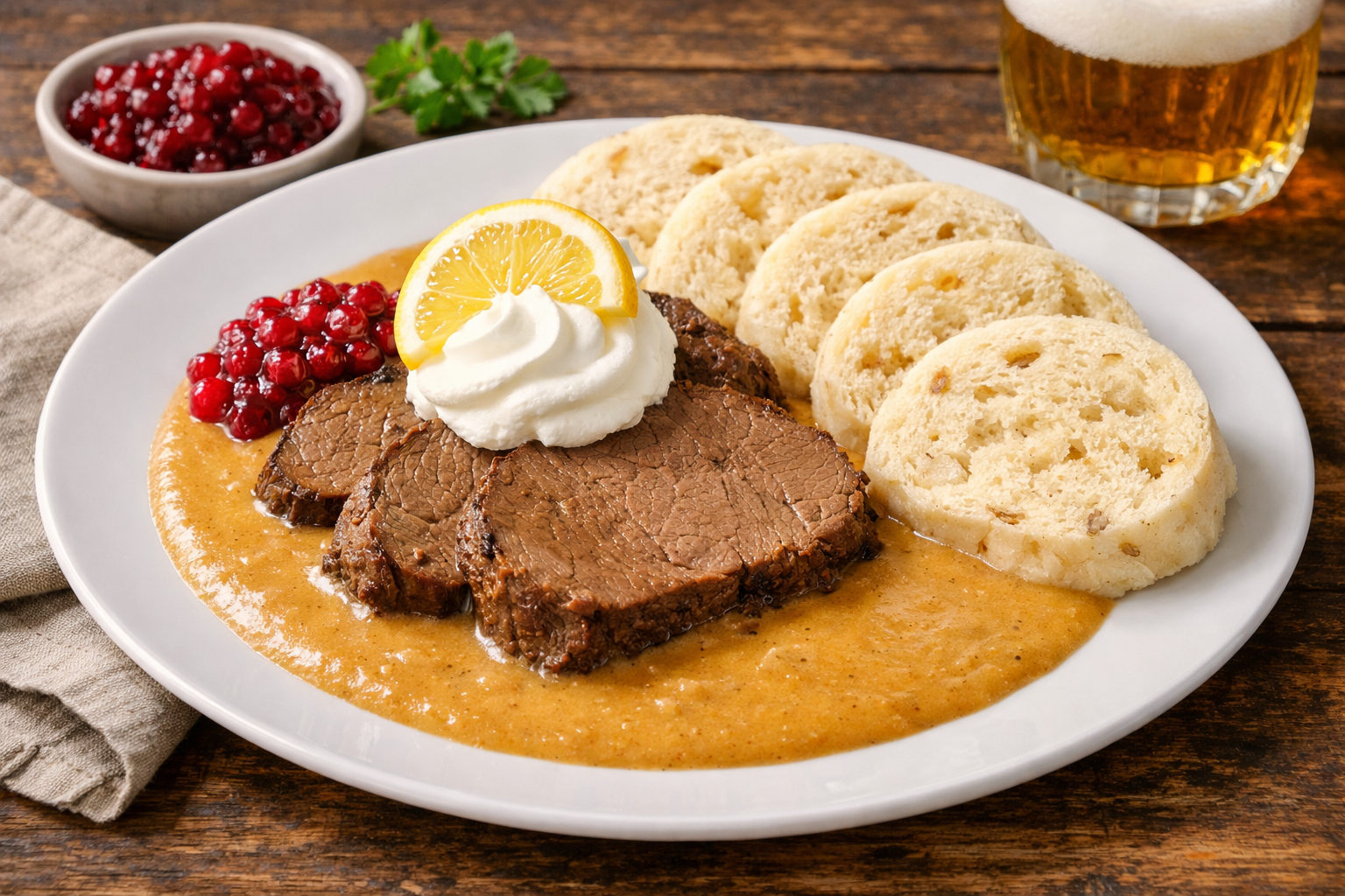 zarte Scheiben Rinderbraten auf einem weißen Teller, übergossen mit samtiger hellbrauner Wurzelgemüse-Rahmsauce, daneben drei helle Semmelknödelscheiben, auf der Sauce ein Tupfer Schlagsahne mit Zitronenscheibe, am Tellerrand dunkelrote Preiselbeeren, serviert auf einem hellen Holztisch mit cremefarbenem Leinentuch.