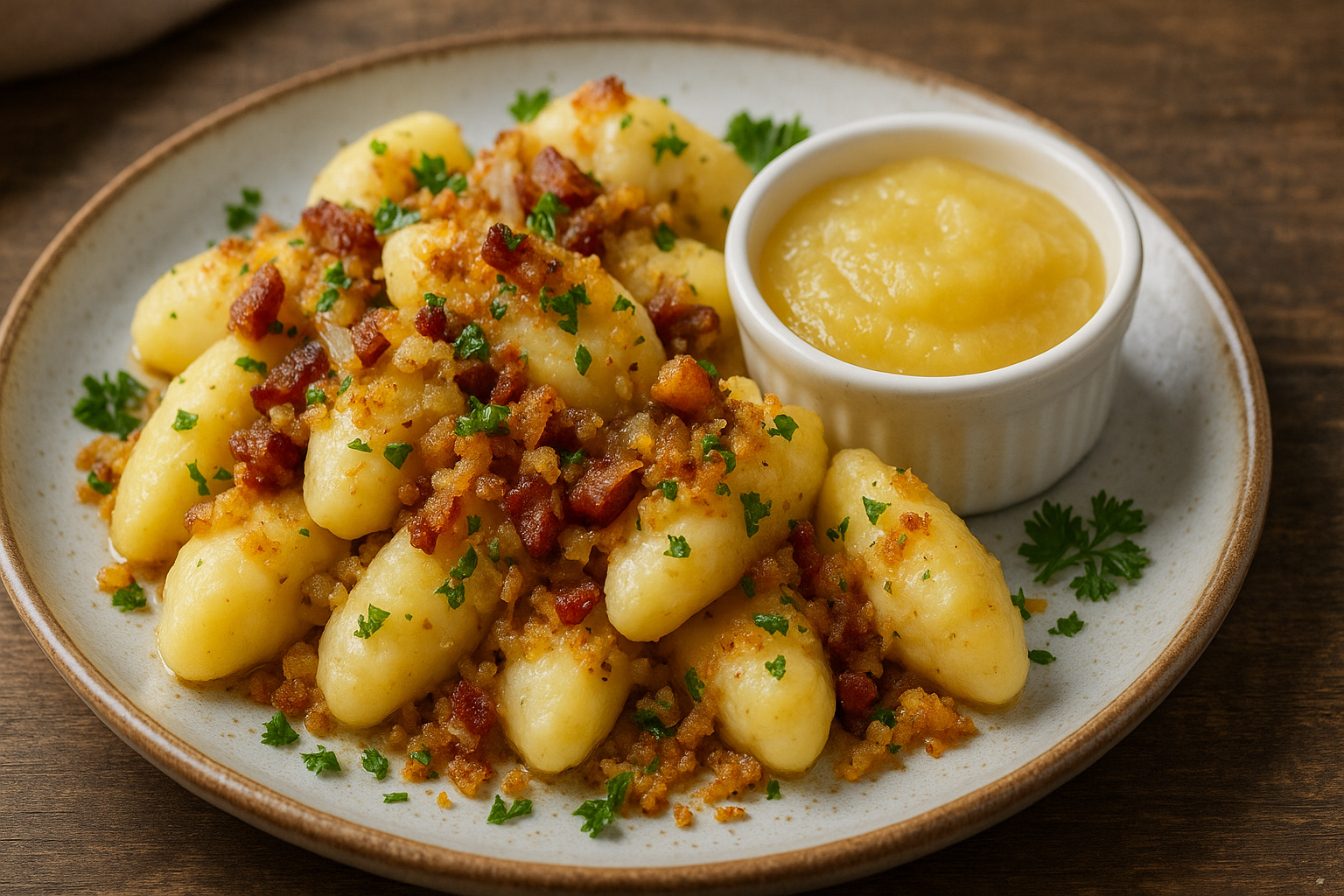 Kartoffel- und Mehlknepp mit Speck, Zwiebeln, Semmelbröseln und Petersilie; dazu Apfelmus im Schälchen, rustikal angerichtet.