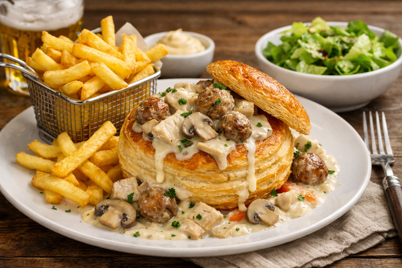 eine goldbraune Blätterteigpastete auf einem schlichten weißen Teller. Die Pastete ist großzügig gefüllt mit einer hellen Sahnesauce, aus der zarte Hühnerstücke, Champignonscheiben und kleine Fleischbällchen hervorschauen. Die Füllung läuft leicht über den Rand. Der Pastetendeckel ist schräg aufgesetzt. Daneben ein paar goldene Pommes frites. Natürliches Tageslicht von links, leichte Tiefenschärfe auf die Pastete. Heller Holztisch mit einem karierten beige-weißen Leinentuch.