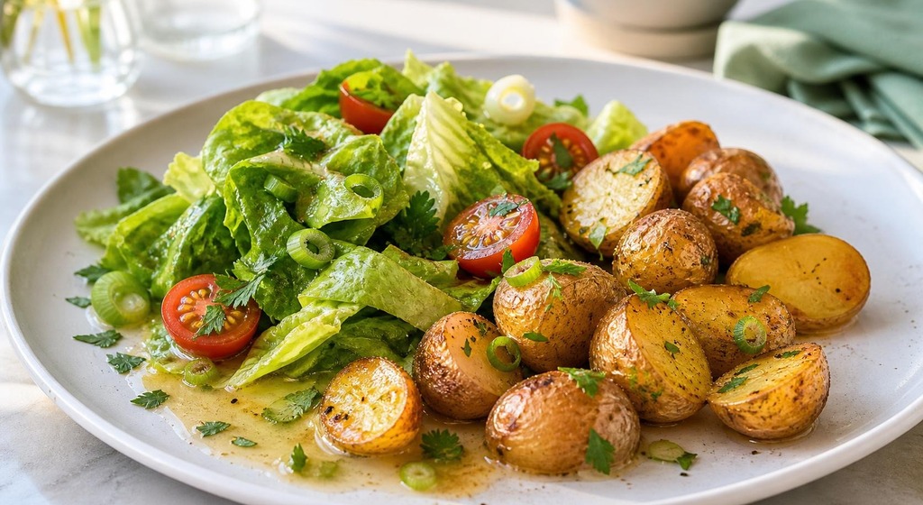 Warmer Batavia-Salat mit gerösteten Frühkartoffeln, halbierten Kirschtomaten und Frühlingszwiebeln auf einem weißen Teller