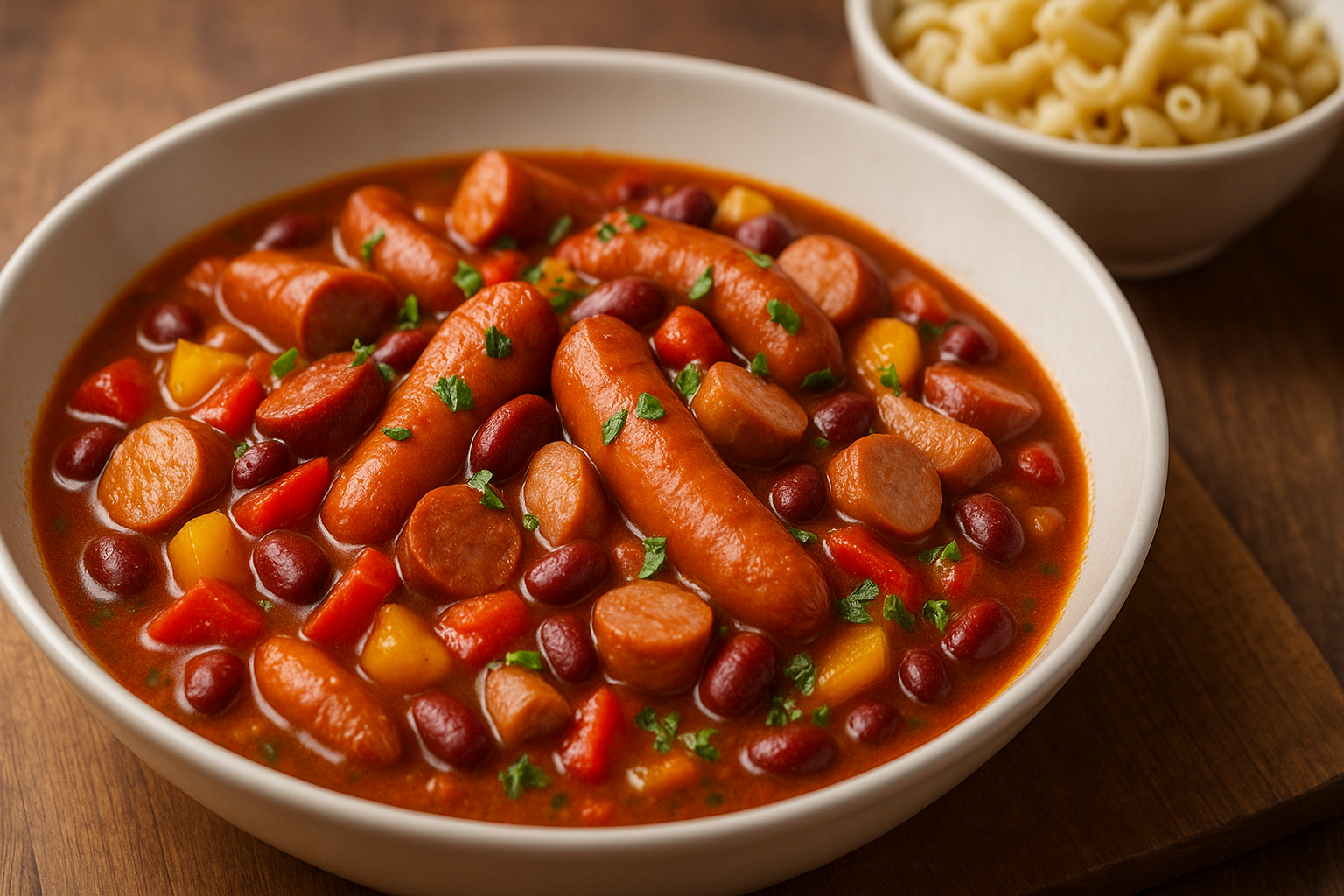 Würstchen-Gulasch mit Debreziner und Paprika, Kidneybohnen und kurzen Nudeln, in tomatiger Soße, Petersilie als Deko, serviert in einer weißen Schale, daneben eine kleine Schale mit Nudeln.