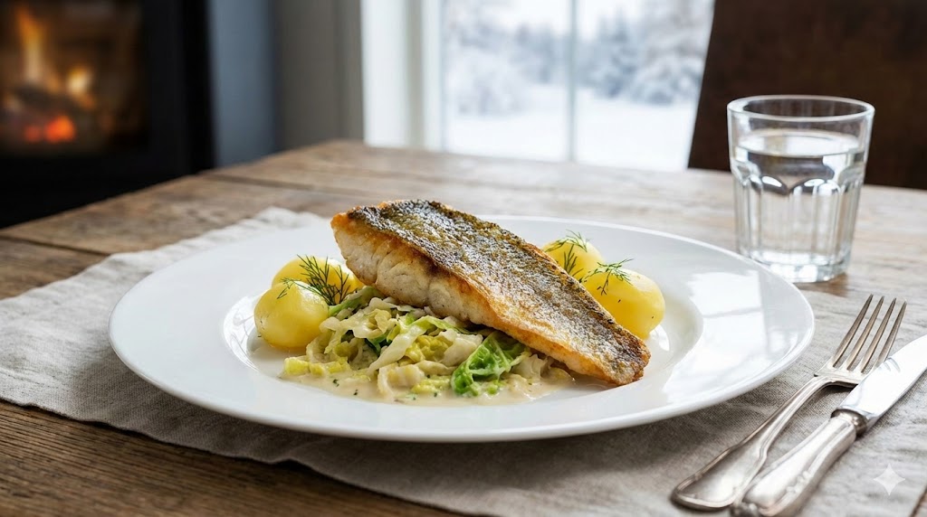 Gebratenes Zanderfilet mit knuspriger Haut auf cremigem, hellgrünem Rahmwirsing angerichtet. Daneben liegen dampfende Salzkartoffeln auf einem weißen Teller. Winterliche Tischdekoration im Hintergrund.