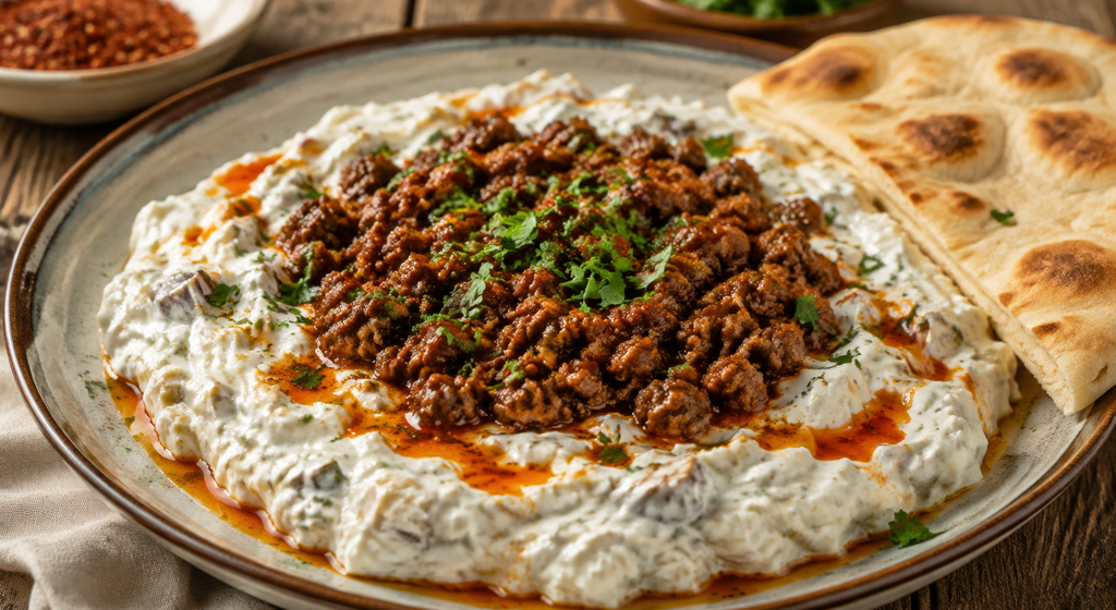 Ali Nazik mit würzigem Rinderhack auf rauchiger Auberginen-Joghurt-Creme und Fladenbrot