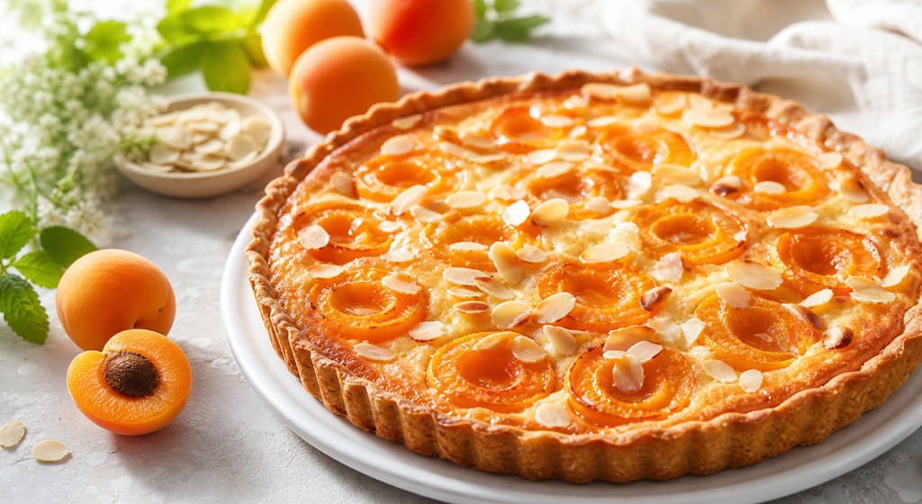 Aprikosen-Mandel-Tarte mit goldenen Aprikosenhälften und Mandelblättchen