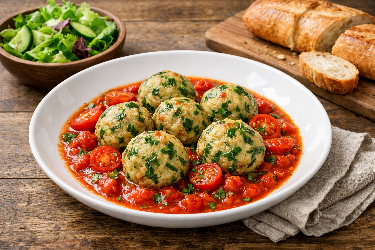 3 Bärlauch-Knödel auf einem tiefen weißen Teller, angerichtet in leuchtend roter Tomatensauce mit halbierten Kirschtomaten, garniert mit frischen Bärlauchblättern auf hellem Holzuntergrund.