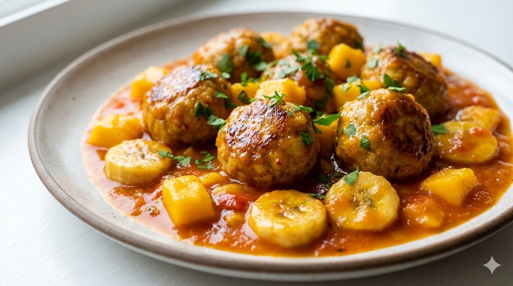 Gebratene, goldbraune Fleischbällchen in einer sämigen, orange-roten Sauce mit sichtbaren Mango-Stücken und Bananenscheiben. Das Gericht ist auf einem dunklen Keramikteller angerichtet und mit frisch gehackter Petersilie bestreut. Die Szene ist in natürlichem Licht mit einer leichten Unschärfe im Hintergrund fotografiert.