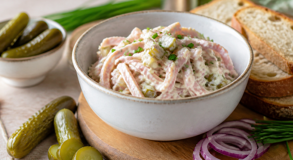 Cremiger bayerischer Fleischsalat-Aufstrich mit Lyonerstreifen und Gewürzgurken in einer weißen Schale neben Bauernbrot, Gewürzgurken, roten Zwiebeln und Schnittlauch.