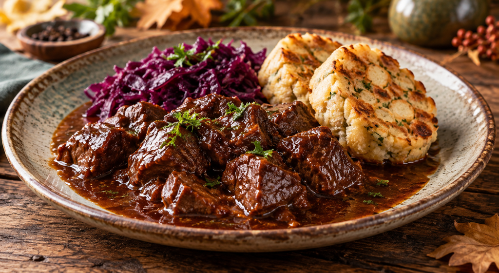 Bayerisches Rindergulasch mit Breznknödeln und Rotkohl