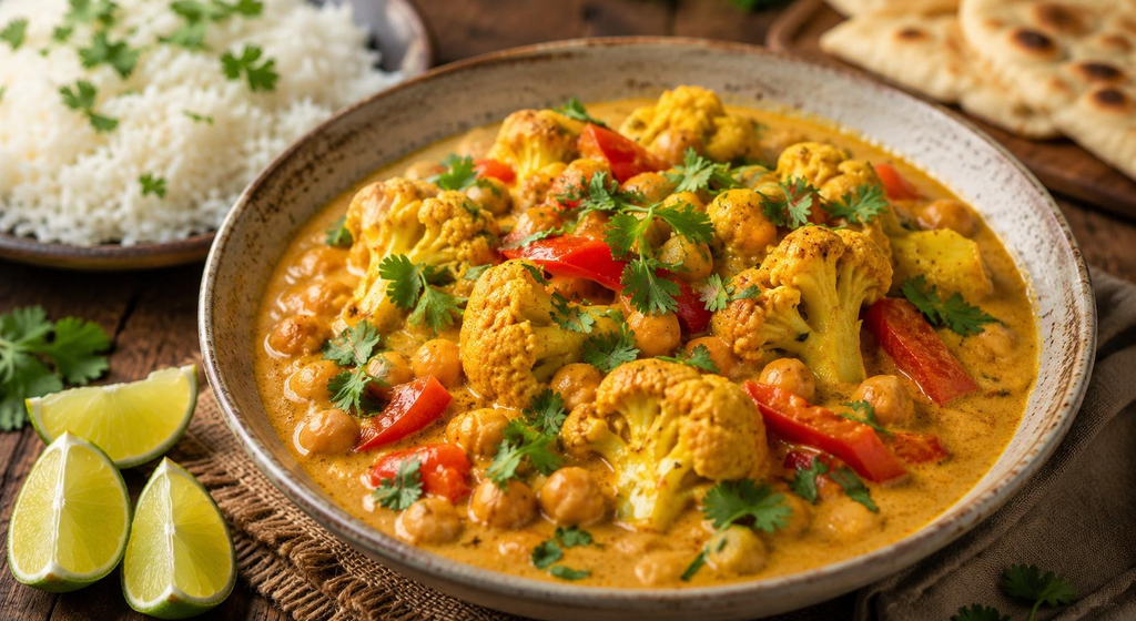 Cremiges Blumenkohl-Curry mit Kichererbsen, roter Paprika und frischem Koriander in einer hellen Schale, dazu Reis und Limettenspalten.