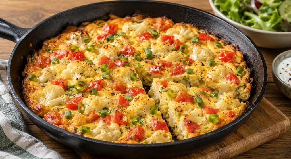 Goldbraun gebackener Blumenkohlkuchen mit Tomatenwürfeln und Frühlingszwiebeln in einer schwarzen Pfanne, daneben grüner Salat.