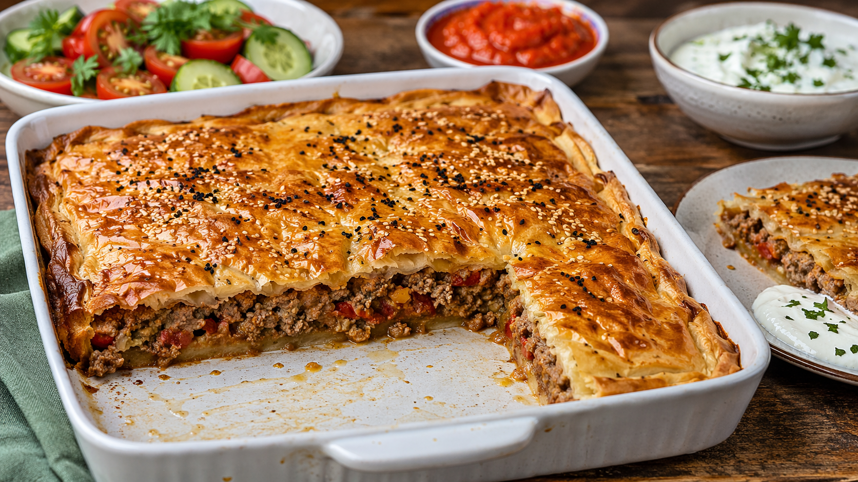 Große Auflaufform mit goldbraun gebackenem Börek aus Blätterteig, mit schwarzem und hellem Sesam bestreut; ein Stück ist herausgenommen, die Hackfleischfüllung ist sichtbar, daneben stehen Schalen mit Salat, roter Sauce und weißem Dip.