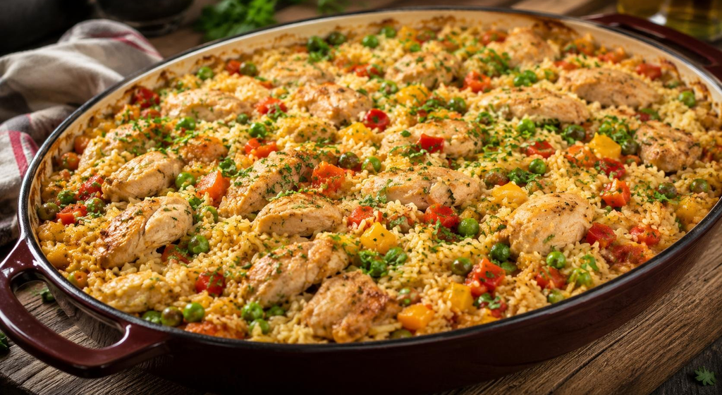 Bunter Reisauflauf mit Hähnchen, Paprika, Karotten, Erbsen und frischer Petersilie in einer hellen Auflaufform.
