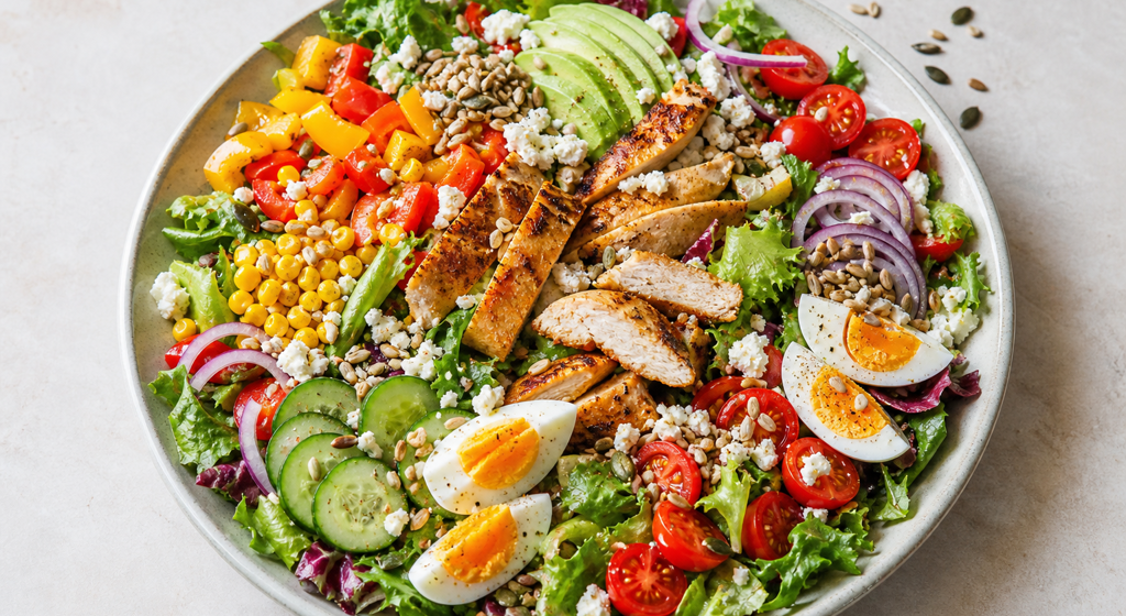 Bunter Salat mit gebratenen Putenstreifen, Ei, Tomaten, Paprika, Mais, Gurke, roten Zwiebeln, Avocado und Feta in einer großen Schüssel