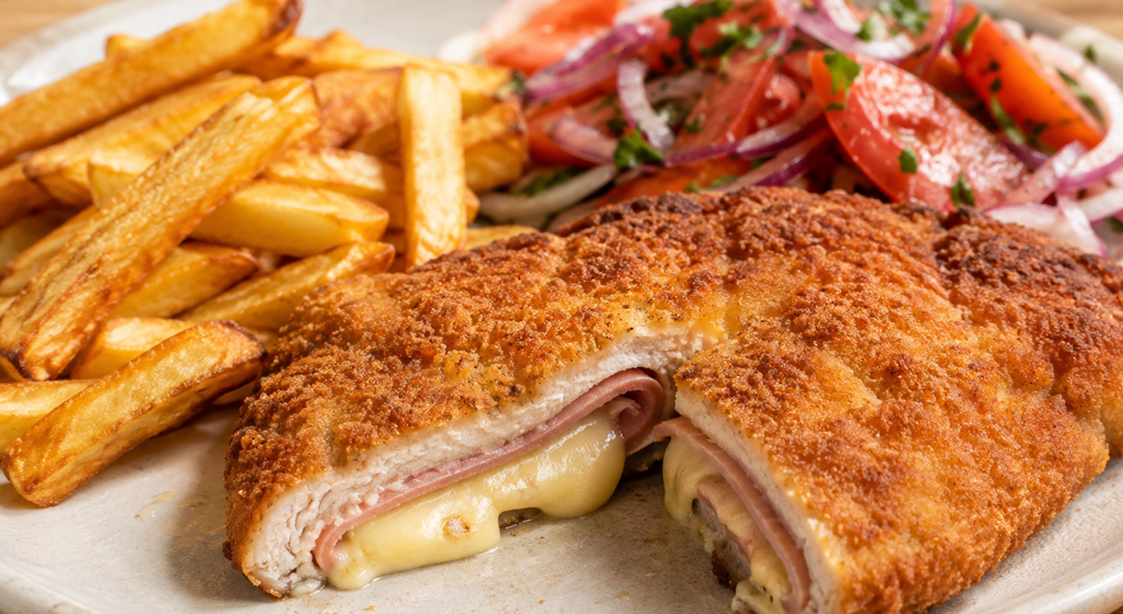 Angeschnittenes Cordon bleu vom Kalb mit geschmolzenem Käse und Schinken, hausgemachten Pommes und Tomaten-Zwiebel-Salat.