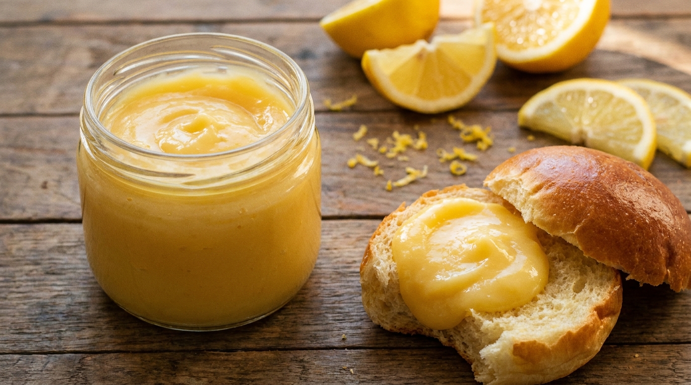 Cremiges Lemon Curd in einem Glas auf rustikalem Holztisch