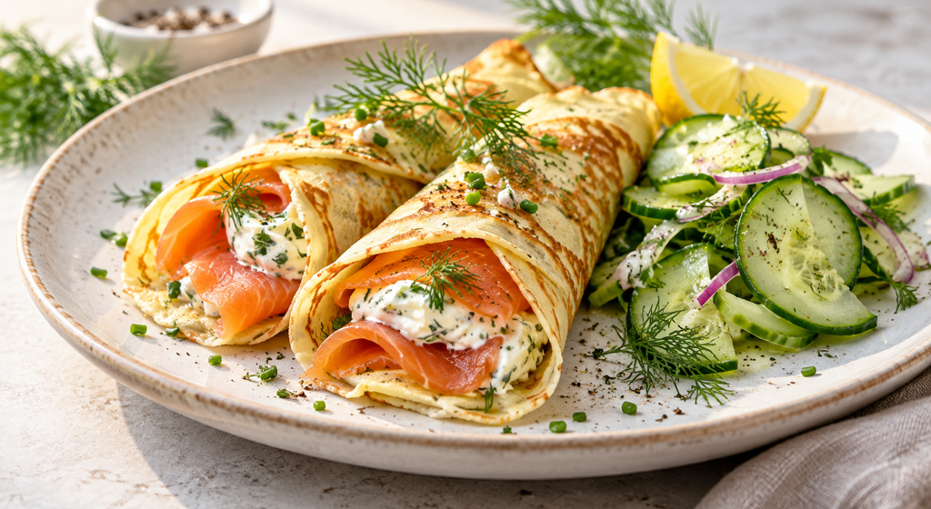 Gefüllte Crêpes mit Räucherlachs, Kräuterfrischkäse und Dill neben einem frischen Gurkensalat.